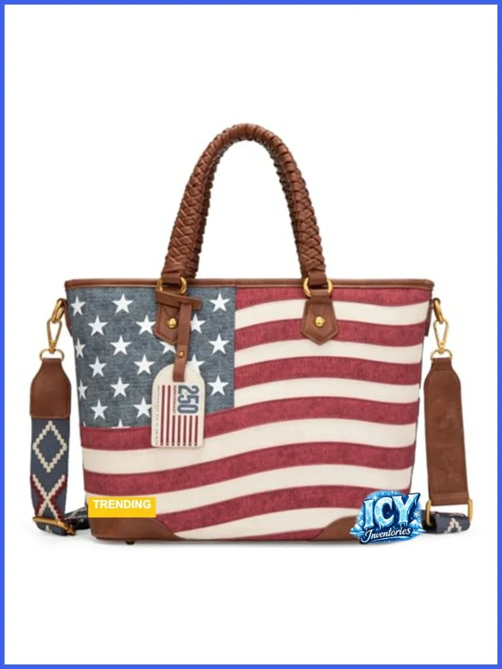 Vintage Patriotic Distressed American Flag Tote Bag with Braided Top Handles